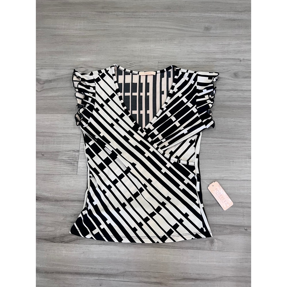 Vintage Forever 21 Y2K Geometric Wrap Top Ruffle Sleeve Black Cream Small NWT - Picture 14 of 14